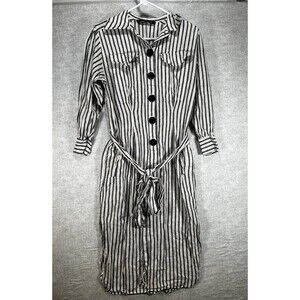 ZARA Black and White Striped Dress Belted Button Up Linen Blend Size XS X-small